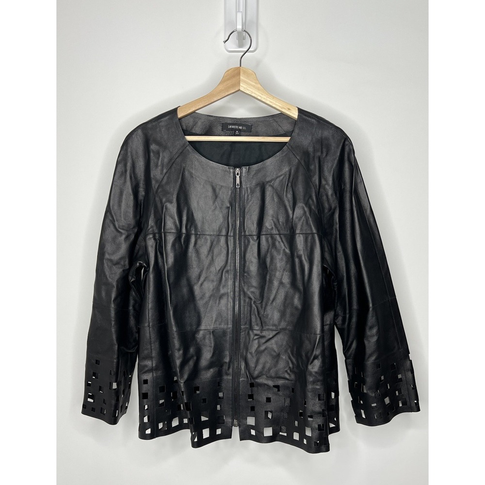 Lafayette 148 New York Laser Cut 100% Leather Front Full Zipper Jacket Size XL - Picture 1 of 13